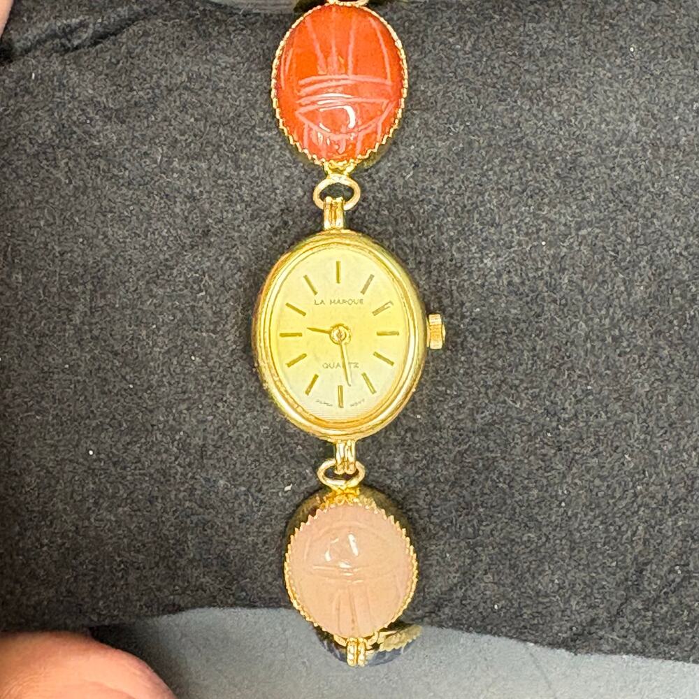 Vintage La Marque Scarab Watch Carved Stone Scarab Watch 6.75"